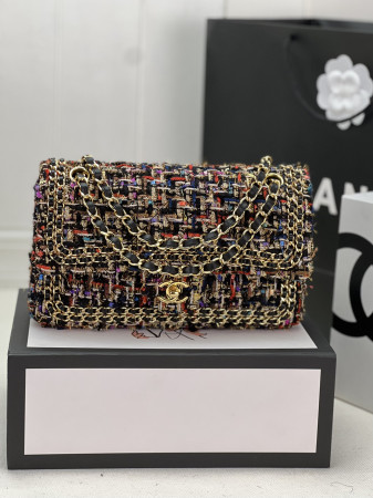 Ch*el classic 11.12 handbag tweed & gold-tone metal   6 × 9.9 × 2.5 in
