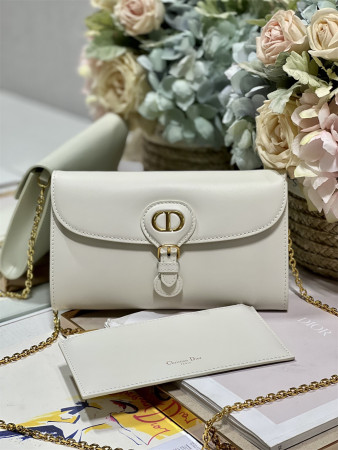 D*or bobby east-west pouch with chain latte smooth calfskin white