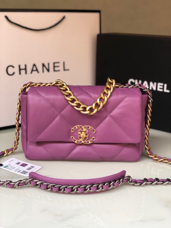 Ch*el 19 handbag shiny leather, gold-tone, silver-tone & ruthenium-finish metal purple 6.2 × 10.1 × 3.5 in