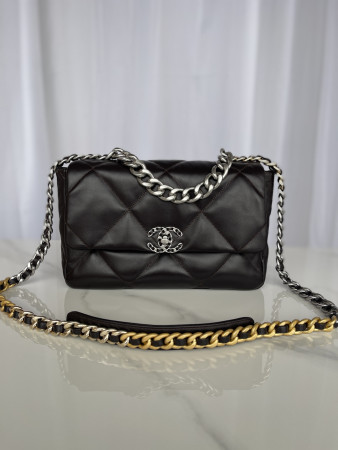 Ch*el 19 large handbag shiny leather black, gold-tone, silver-tone & ruthenium-finish metal 7.8 × 11.7 × 3.9 in
