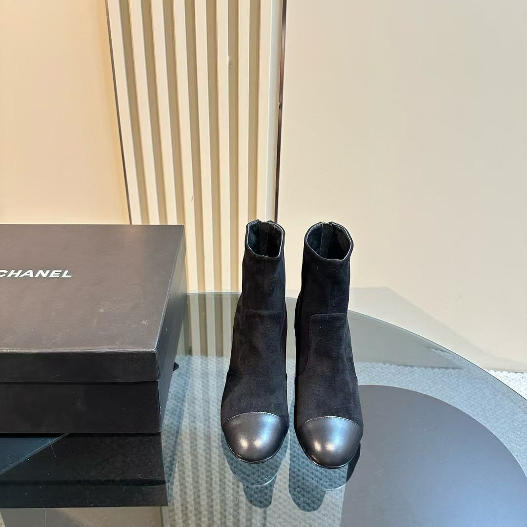 Ch*el short boots suede calfskin & lambskin black