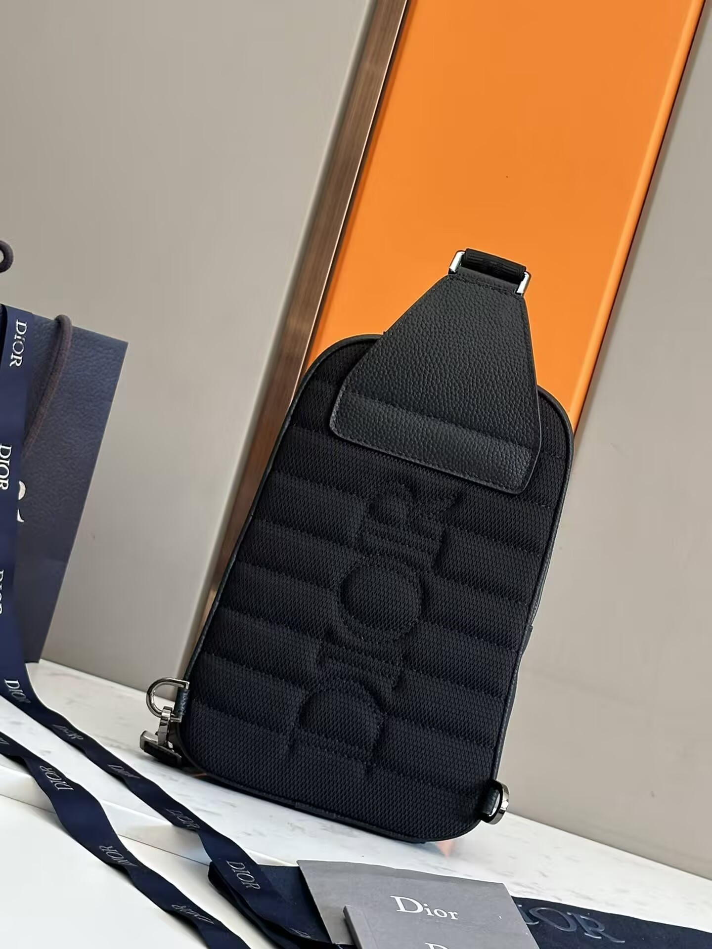 D*or rider 2.0 sling bag black D*or oblique jacquard and black grained calfskin 17x26x8cm