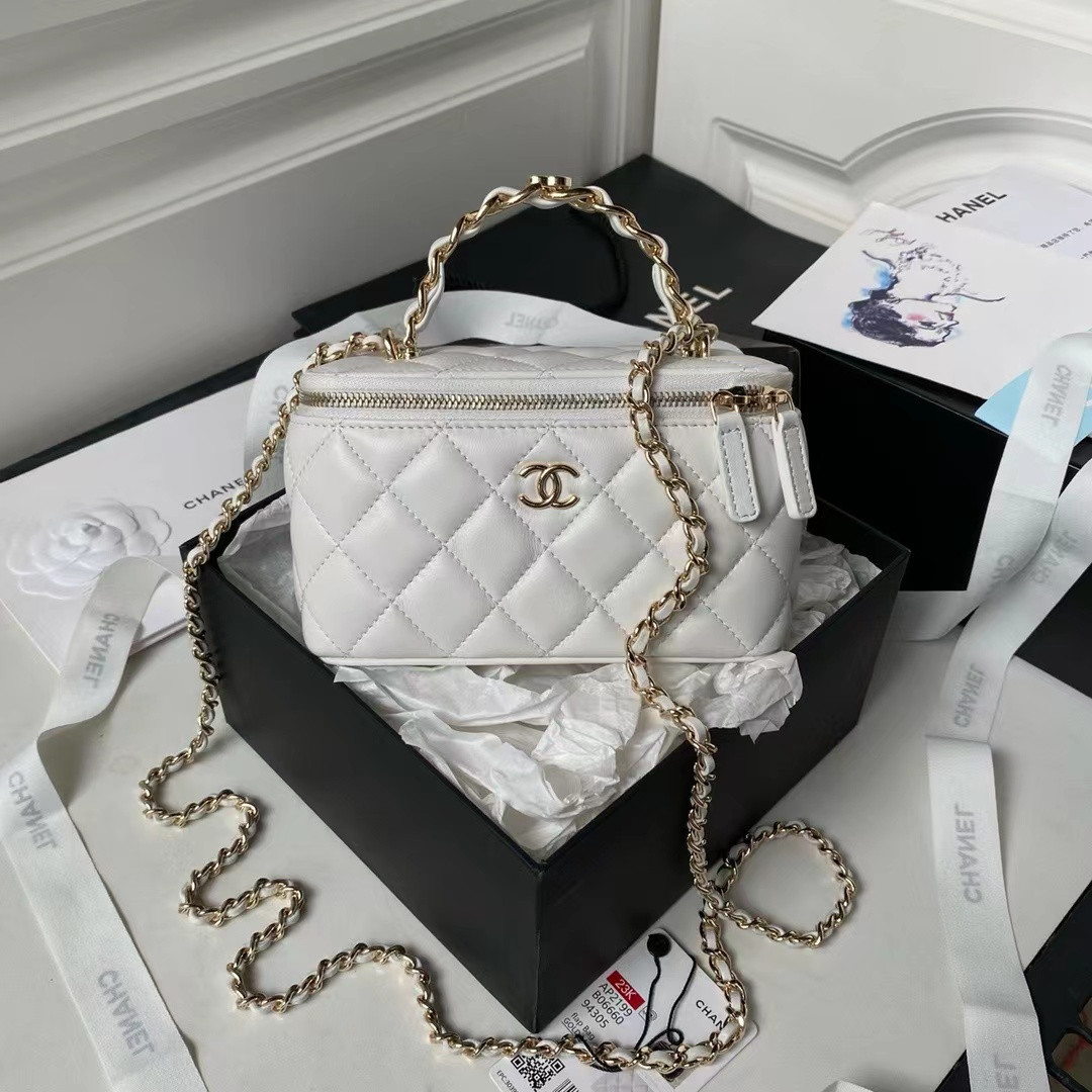 Ch*el gold chain with makeup mirror lamb leather square box shoulder bag women's white