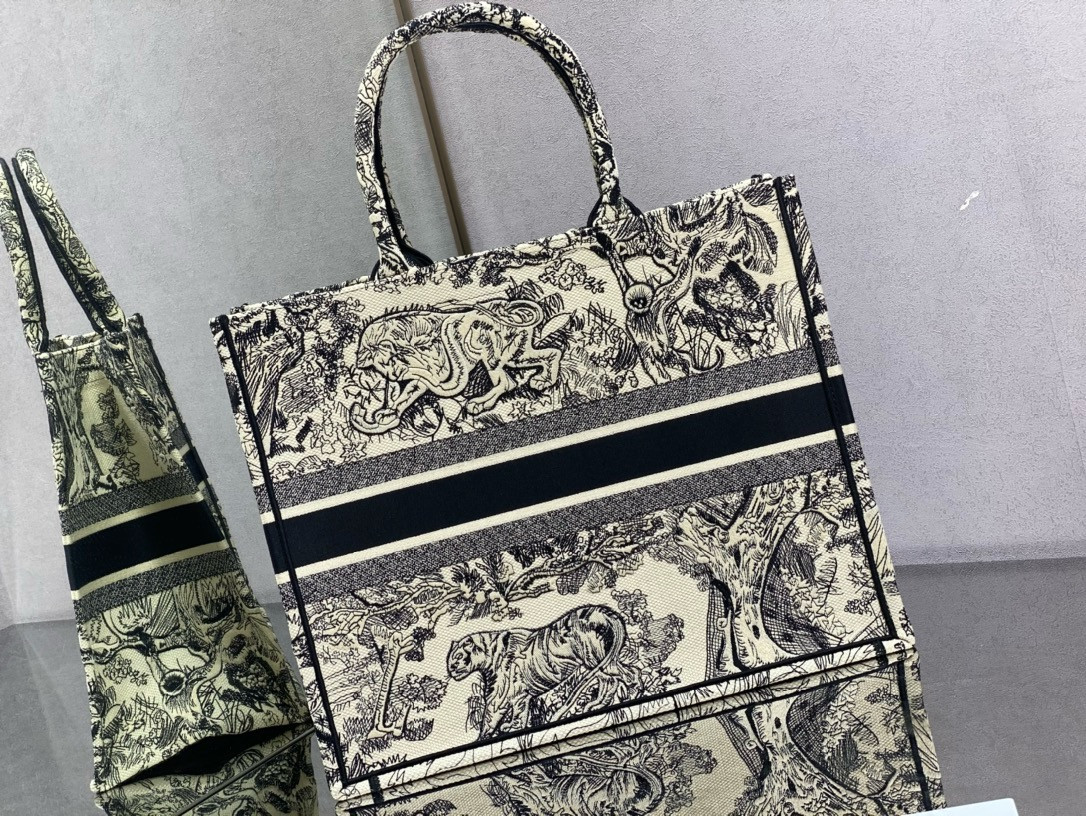 large D*or book tote ecru and blue toile de jouy embroidery 16.5 x 14 x 7.5 inches