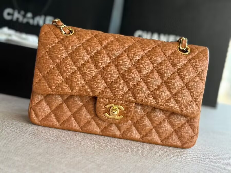 Ch*el classic handbag in grained litchi pattern calfskin & gold-tone metal 6 × 9.9 × 2.5 inches