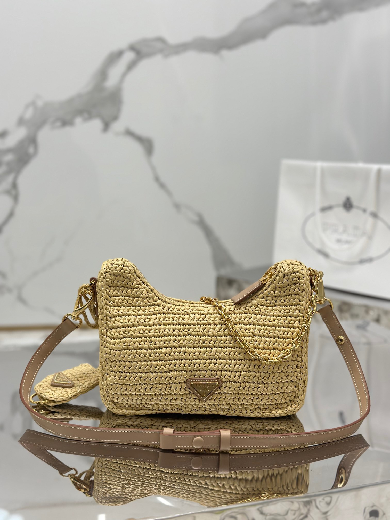 Pra*a re-edition crochet mini-bag color natural