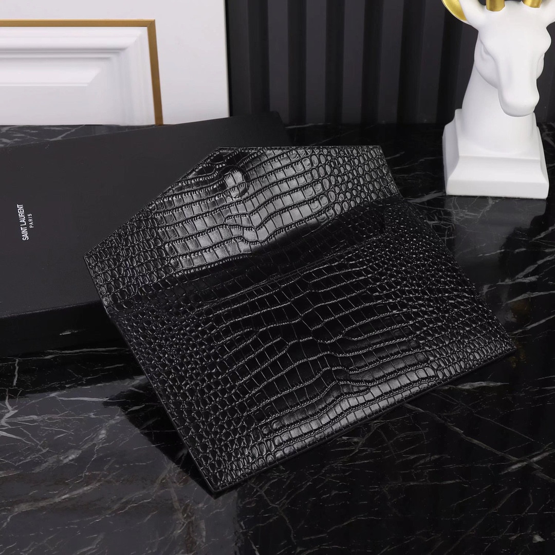 Y*L uptown pouch in crocodile-embossed shiny leather black 10.6 x 6.2 x 0.7 inches