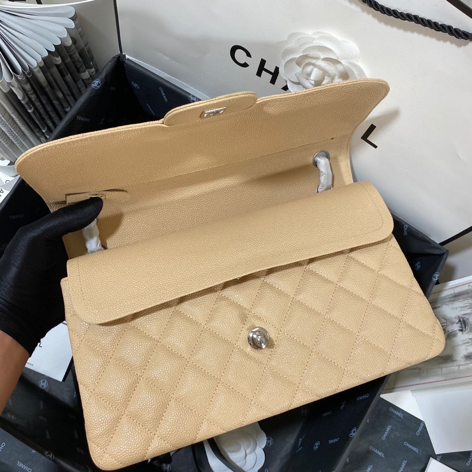 Ch*el classic flap jumbo 30cm cf khaki silver 7.6 × 11.7 × 3.9 in