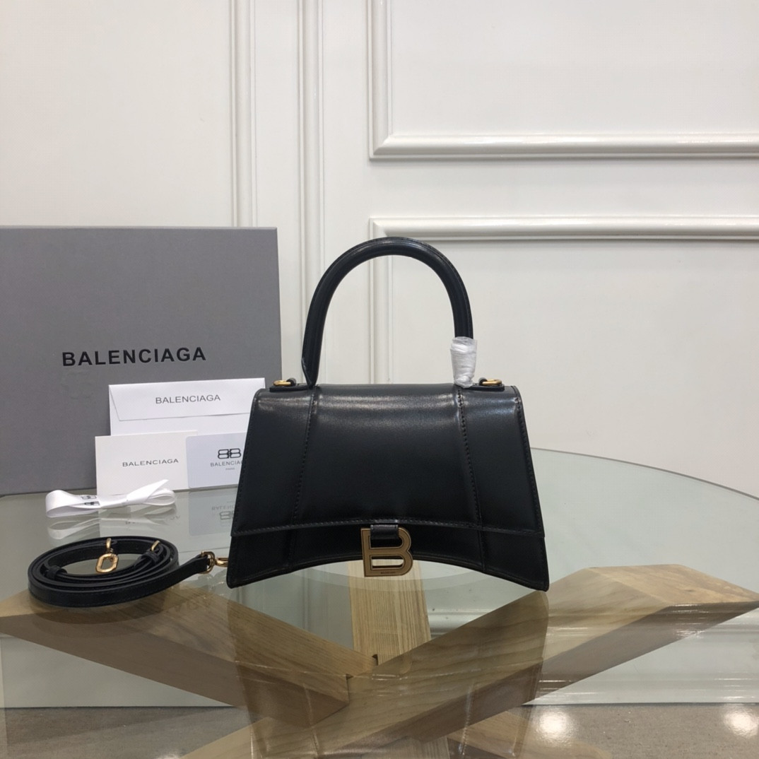 Ba*len*cia*ga women's hourglass small handbag in shiny black box  l9 x h5,5 x w3,9 inch