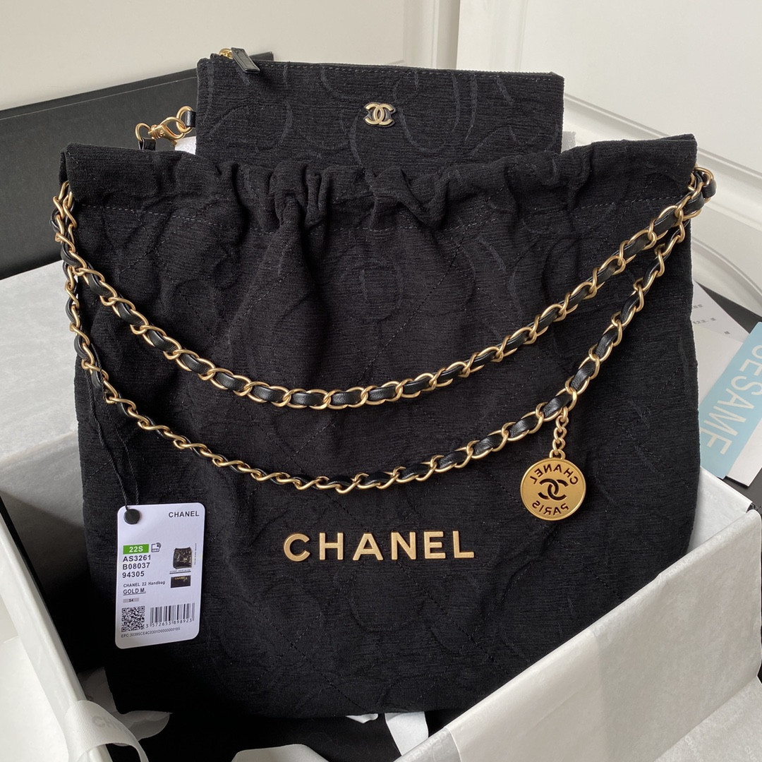 Ch*el 22 handbag velvet black 15.2×16.4×3.1 in