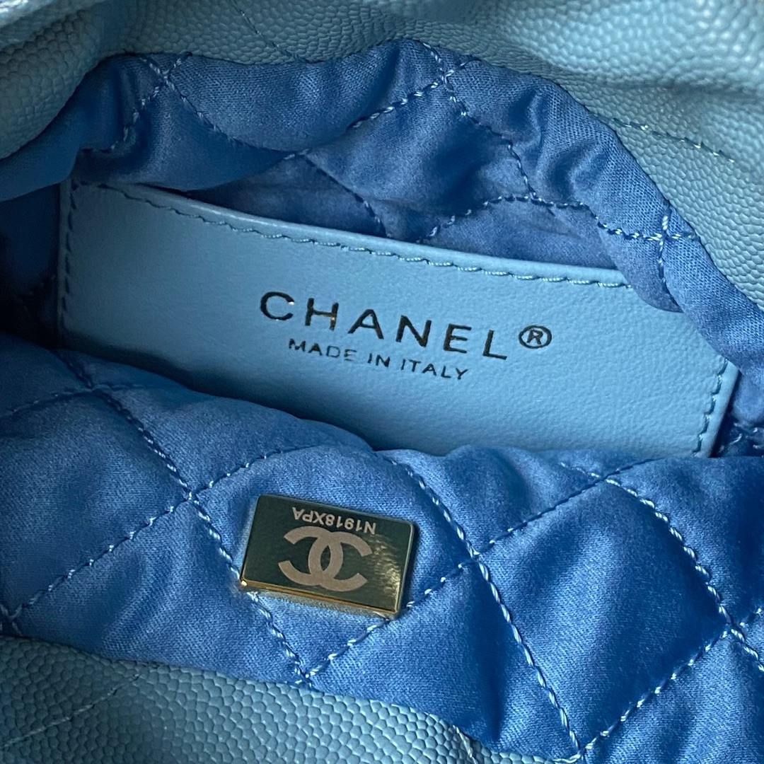 Ch*el 22 mini handbag grained leather blue 7.8 × 7.4 × 2.3 in