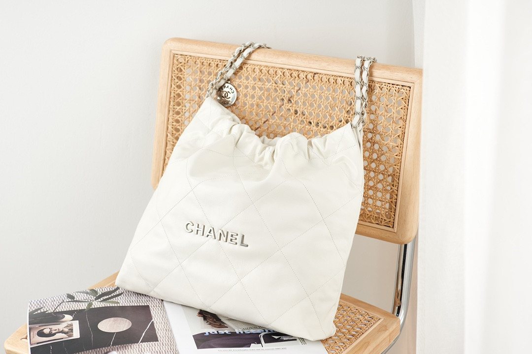 Ch*el 22 handbag metallic shaded calfskin & silver-tone metal white 15.2×16.4×3.1 in