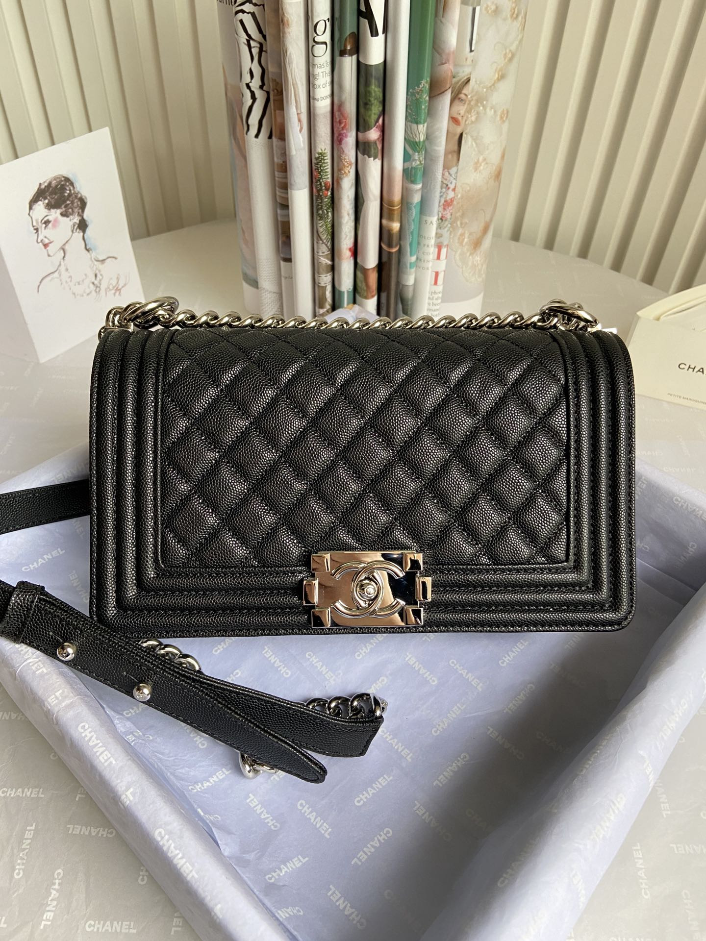 boy Ch*el handbag shiny grained calfskin & silver-tone metal black 5.9 × 9.8 × 3.5 in
