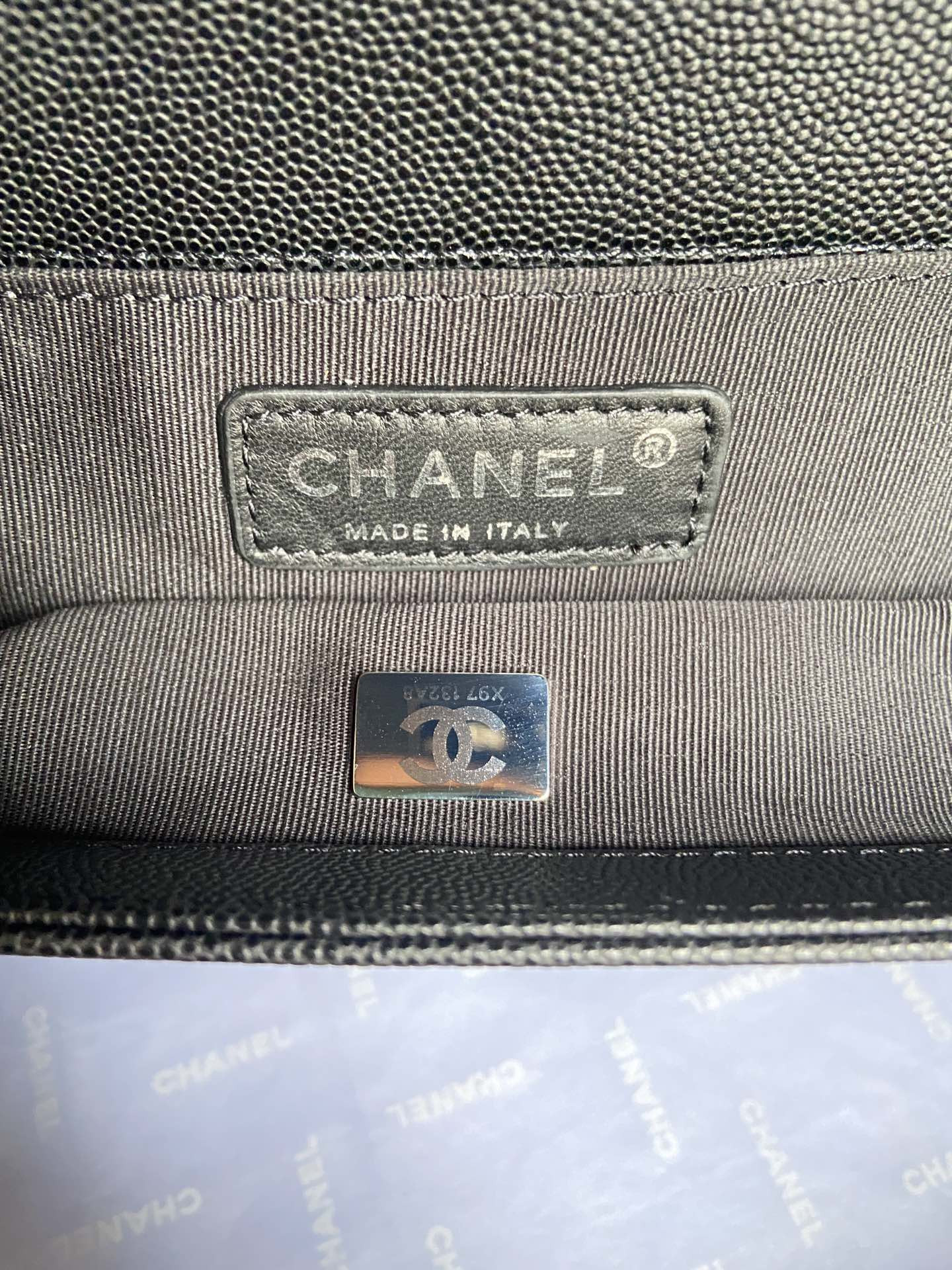 boy Ch*el handbag shiny grained calfskin & silver-tone metal black 5.9 × 9.8 × 3.5 in