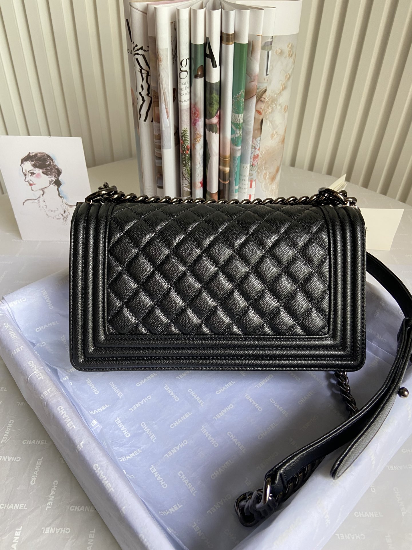 boy Ch*el handbag shiny grained calfskin black 5.9 × 9.8 × 3.5 in