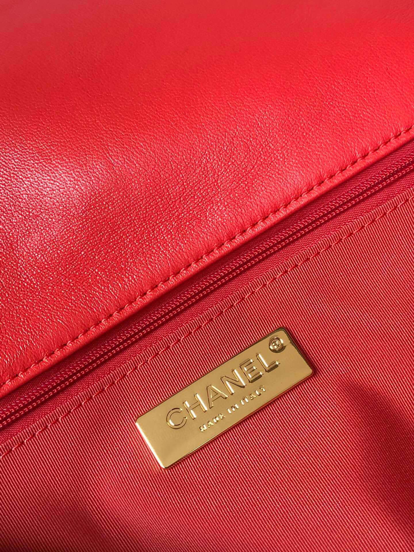 Ch*el 19 large handbag shiny leather red, gold-tone, silver-tone & ruthenium-finish metal 7.8 × 11.7 × 3.9 in