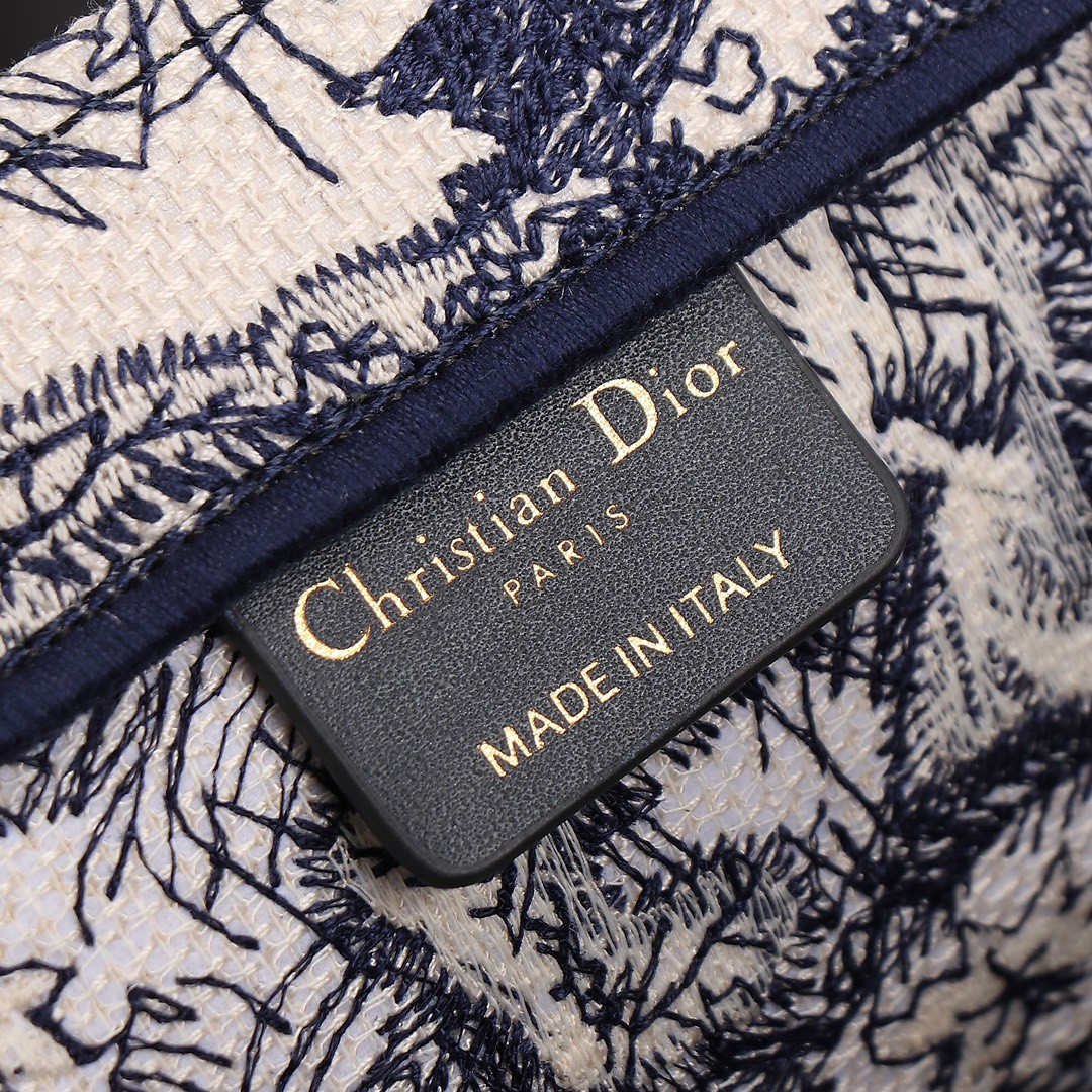 medium D*or book tote  ecru and blue toile de jouy embroidery 14 x 11 x 6.5 inches