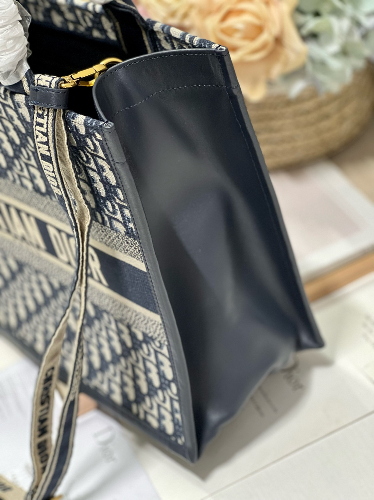 medium D*or book tote ecru and blue D*or oblique embroidery 14 x 11 x 6.5 inches