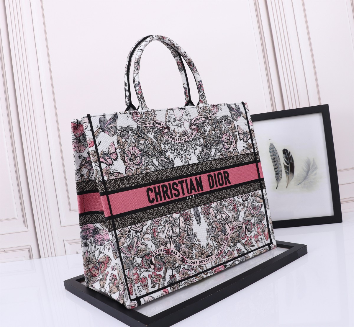 large D*or book tote white and pastel pink butterfly around the world embroidery 16.5 x 14 x 7.5 inches