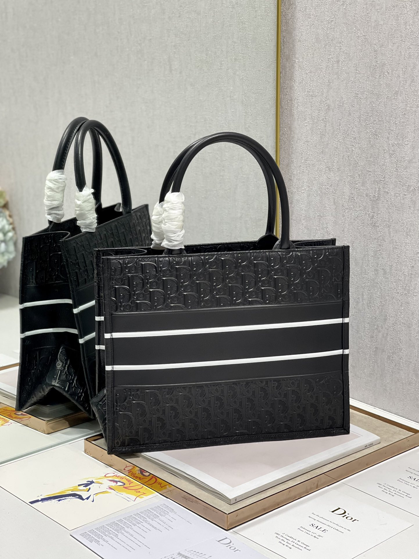 calfskin embossed medium D*or book tote black white 14 x 11 x 6.5 inches