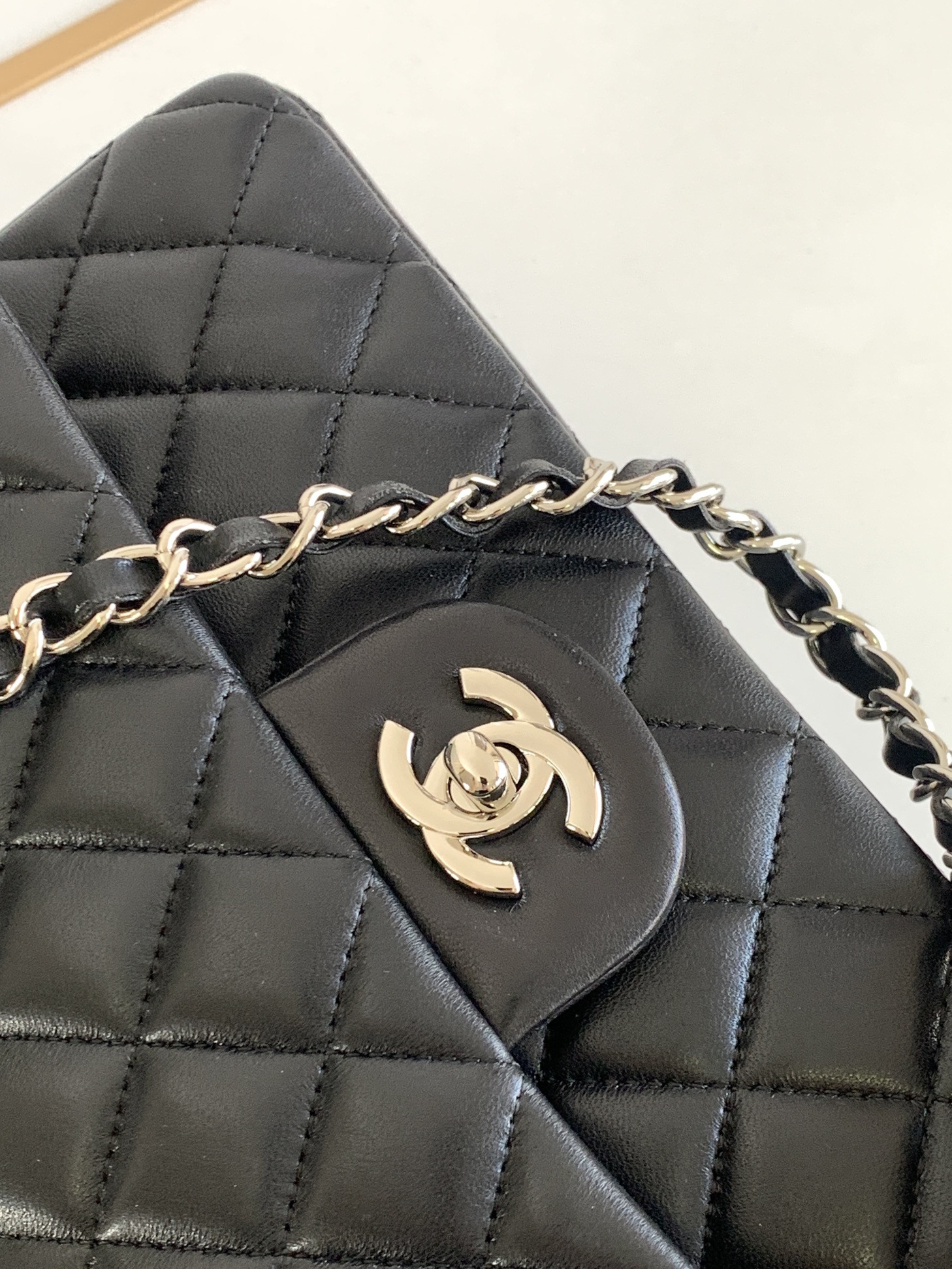 Ch*el classic handbag grained shiny calfskin & silver-tone metal black 6 × 9.9 × 2.5 in