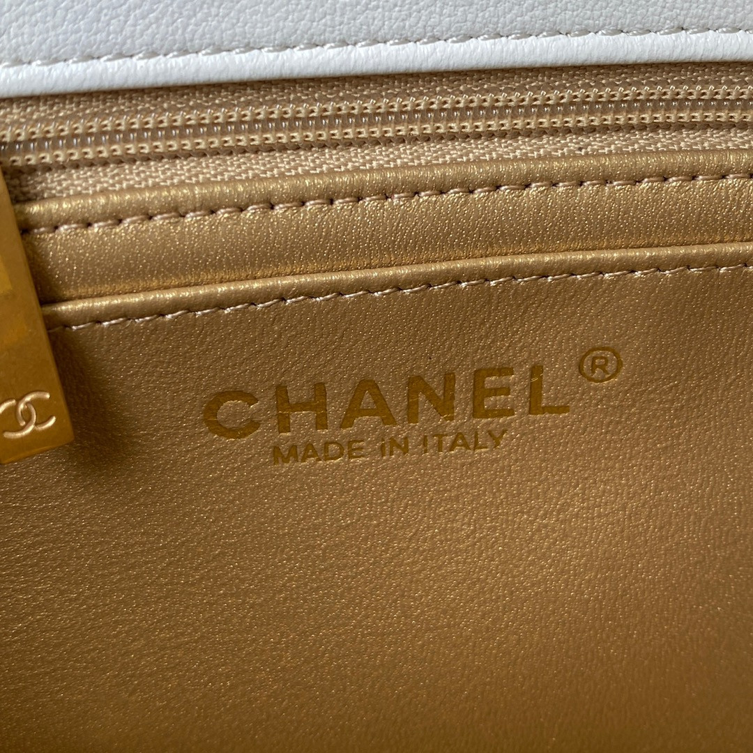 Ch*el mini flap bag shiny calfskin & gold-tone metal white 4.7 × 7.8 × 2.3 in