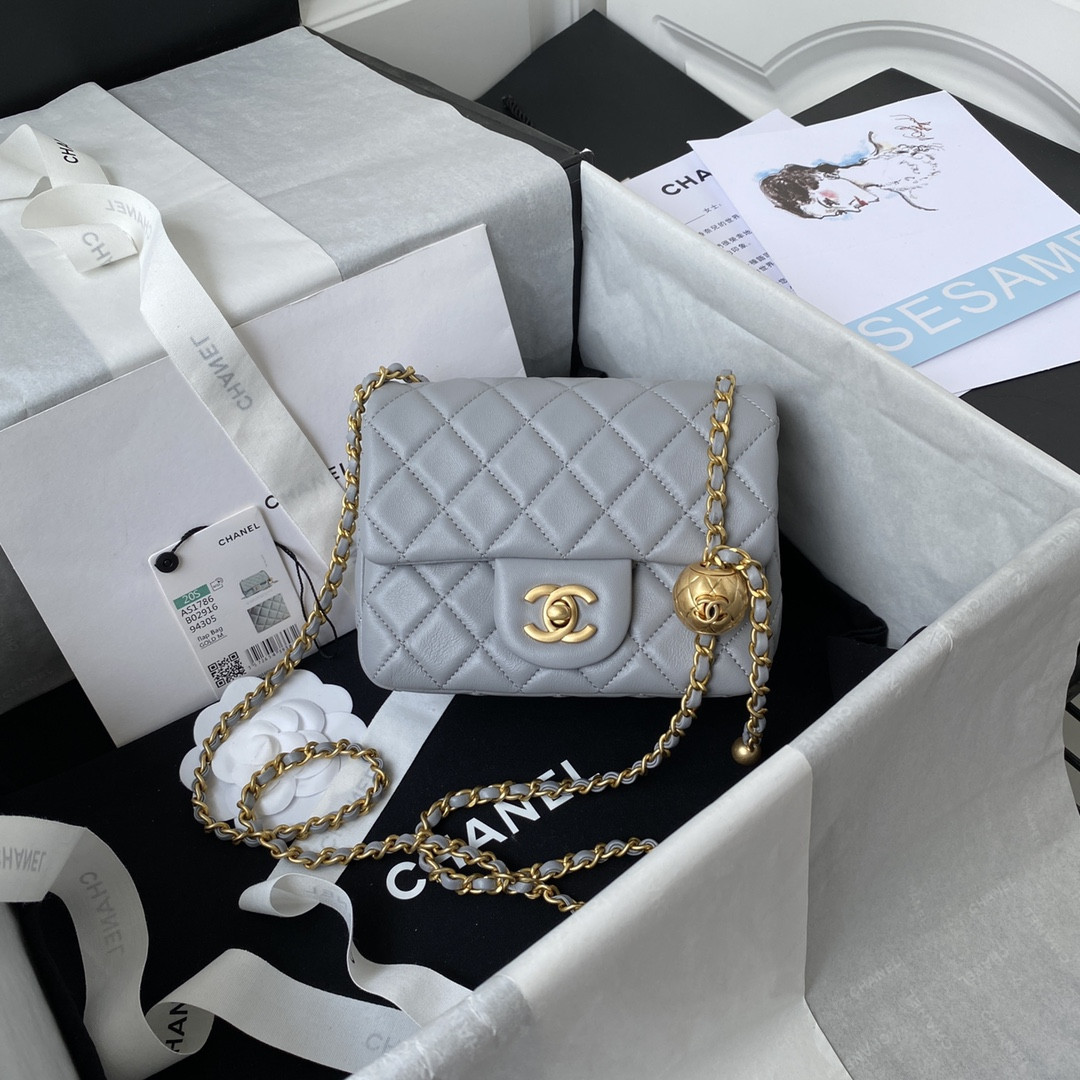 Ch*el mini flap bag shiny calfskin & gold-tone metal light blue 5.3 × 6.6 × 3.1 in