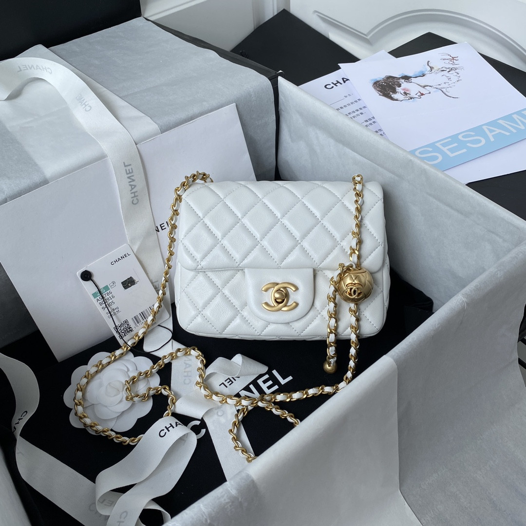 Ch*el mini flap bag shiny calfskin & gold-tone metal white 5.3 × 6.6 × 3.1 in