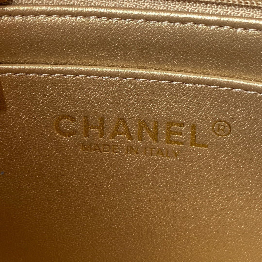 Ch*el mini flap bag shiny calfskin & gold-tone metal pink 5.3 × 6.6 × 3.1 in