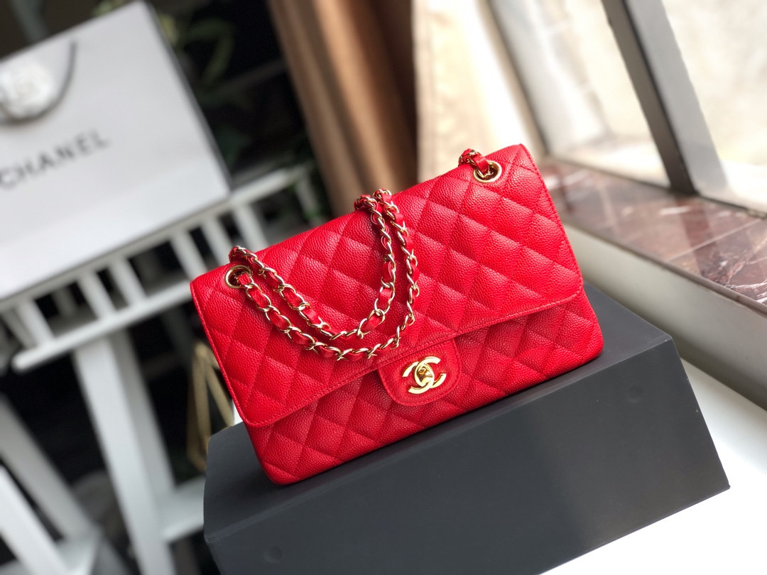 Ch*el classic handbag grained calfskin & gold-tone metal shiny red 6 × 9.9 × 2.5 in