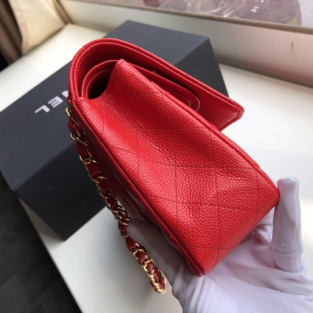 Ch*el classic handbag grained calfskin & gold-tone metal shiny red 6 × 9.9 × 2.5 in