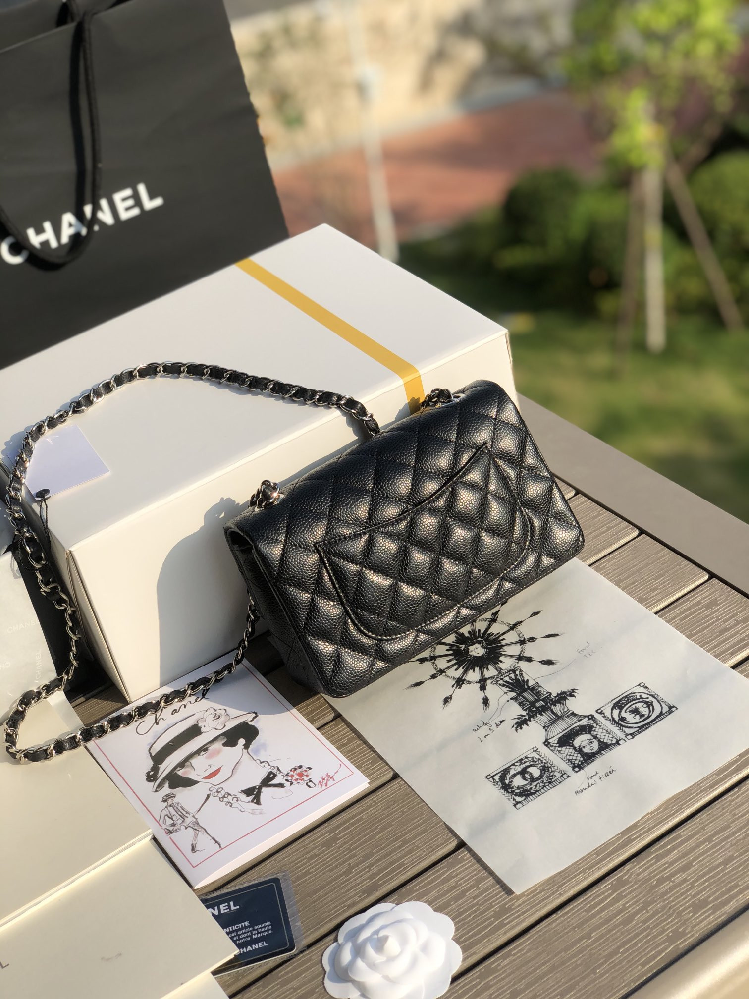 Ch*el mini flap bag black 4.7 × 7.8 × 2.3 in