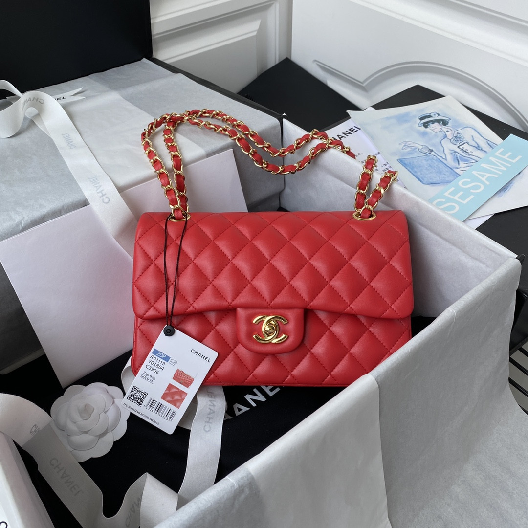 Ch*el small classic handbag lambskin & gold-tone metal red 5.7 × 9 × 2.3 in