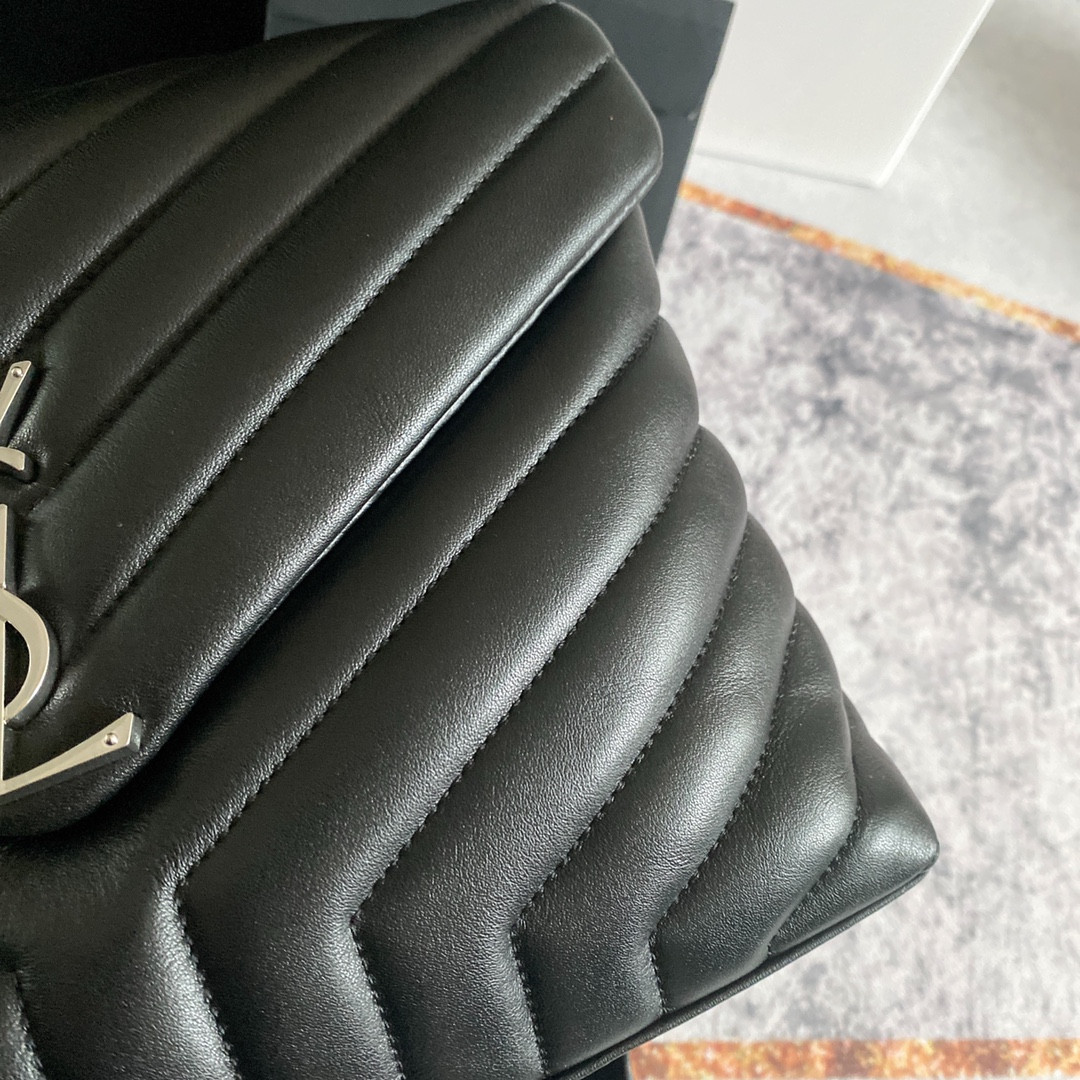 Y*L loulou medium in quilted leather black silver 12.5 x 8.6 x 3.5 inches