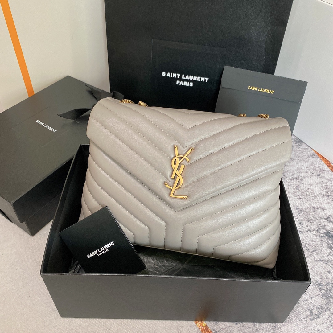 Y*L loulou medium in quilted leather greyish brown 12.5 x 8.6 x 3.5 inches