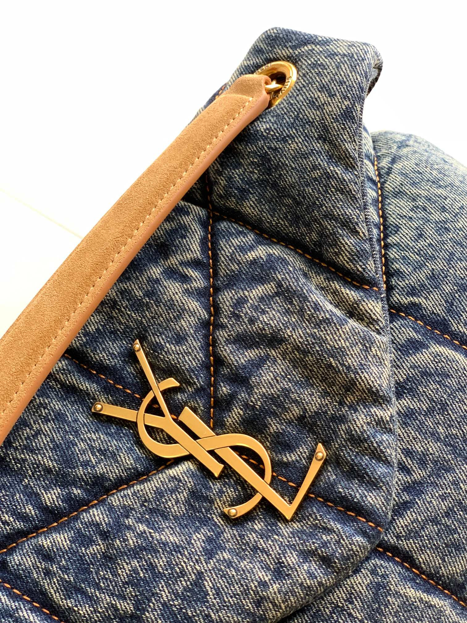Y*L puffer small in suede and denim rodeo blue 11.4 x 6.6 x 4.3 inches