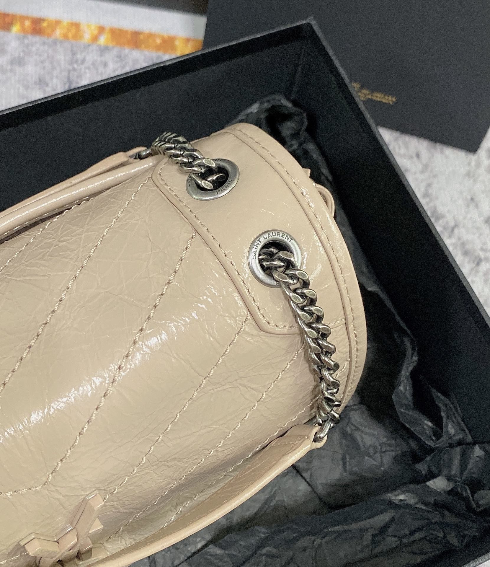 Y*L niki baby in vintage leather beige 8.2 x 6 x 2.9 inches