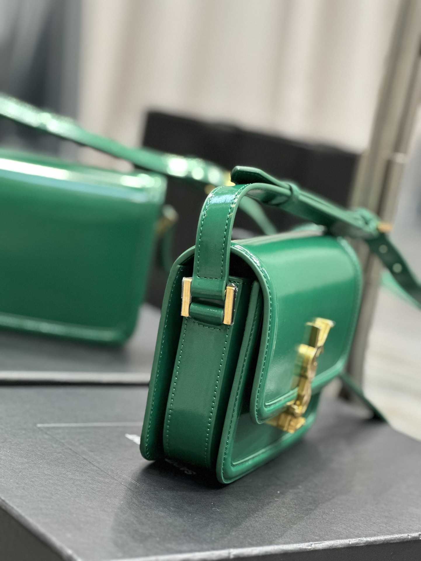 y*l solferino small satchel in box Sa**t Lau*nt green 7.4 x 5.1 x 1.9 inches