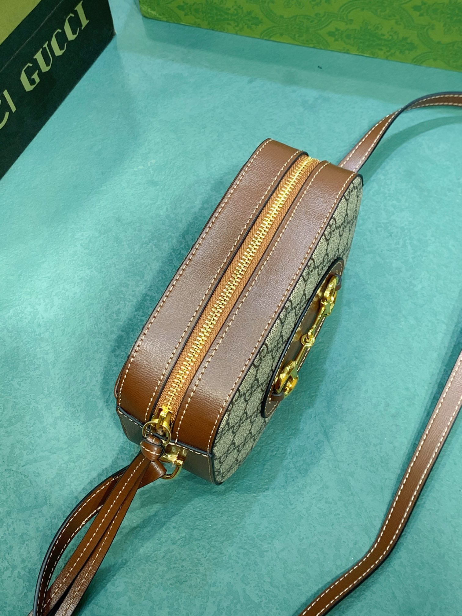 G*u*i horsebit 1955 small shoulder bag beige and ebony 7.9"w x 5.1"h x 2.4"d