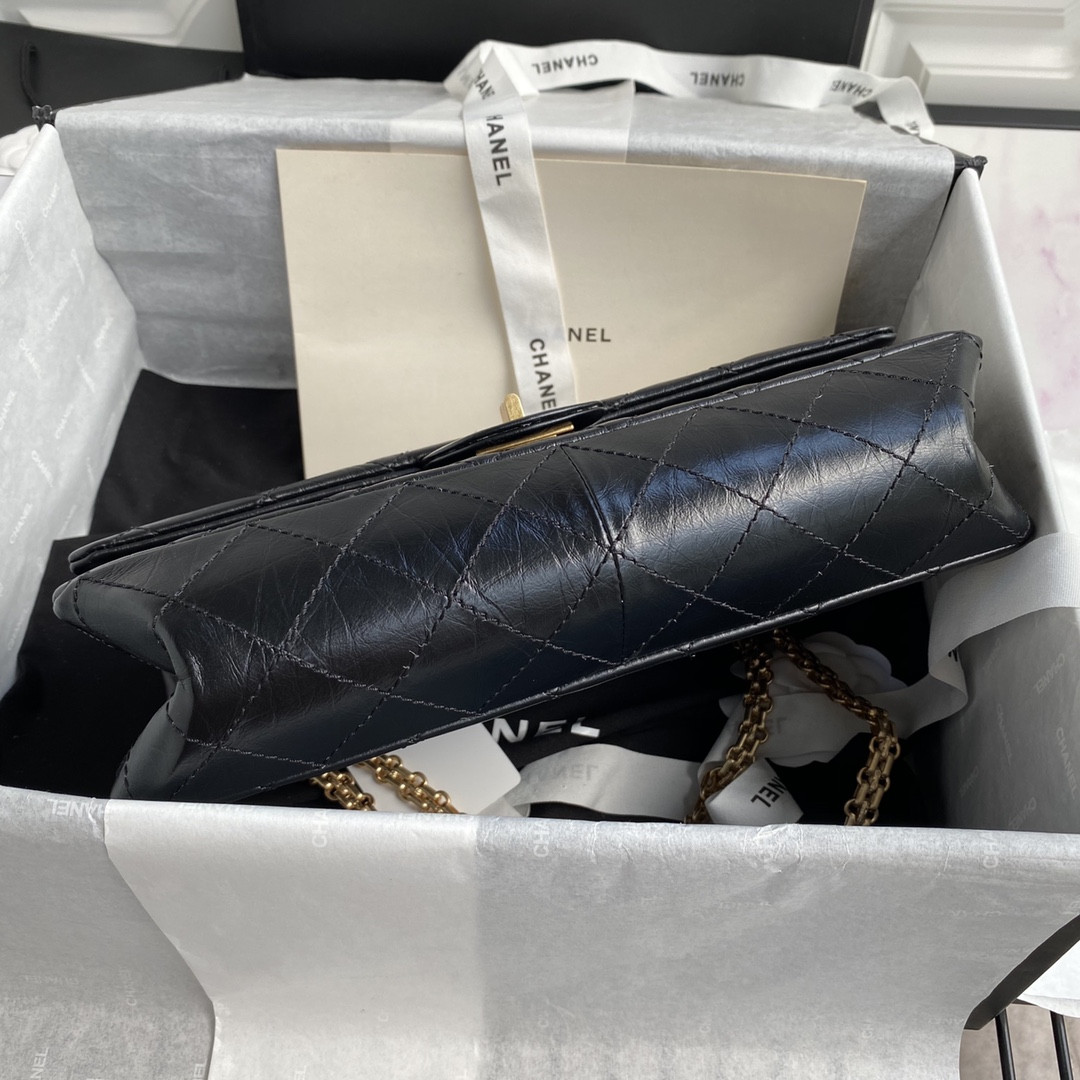 Ch*el large 2.55 handbag black& gold-tone metal 7.6 × 10.9 × 2.9 in