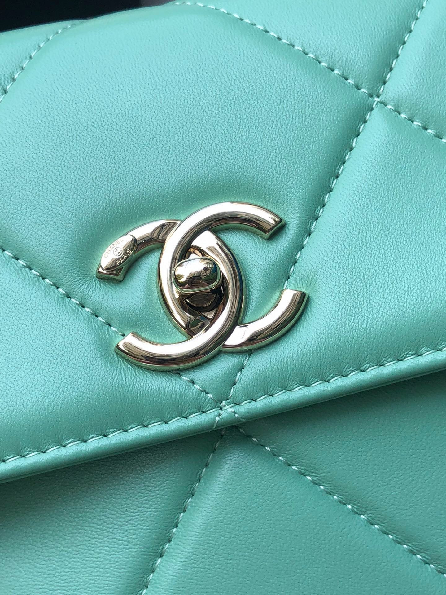 Ch*el flap bag with top handle blue 6.6 × 9.8 × 4.7 in