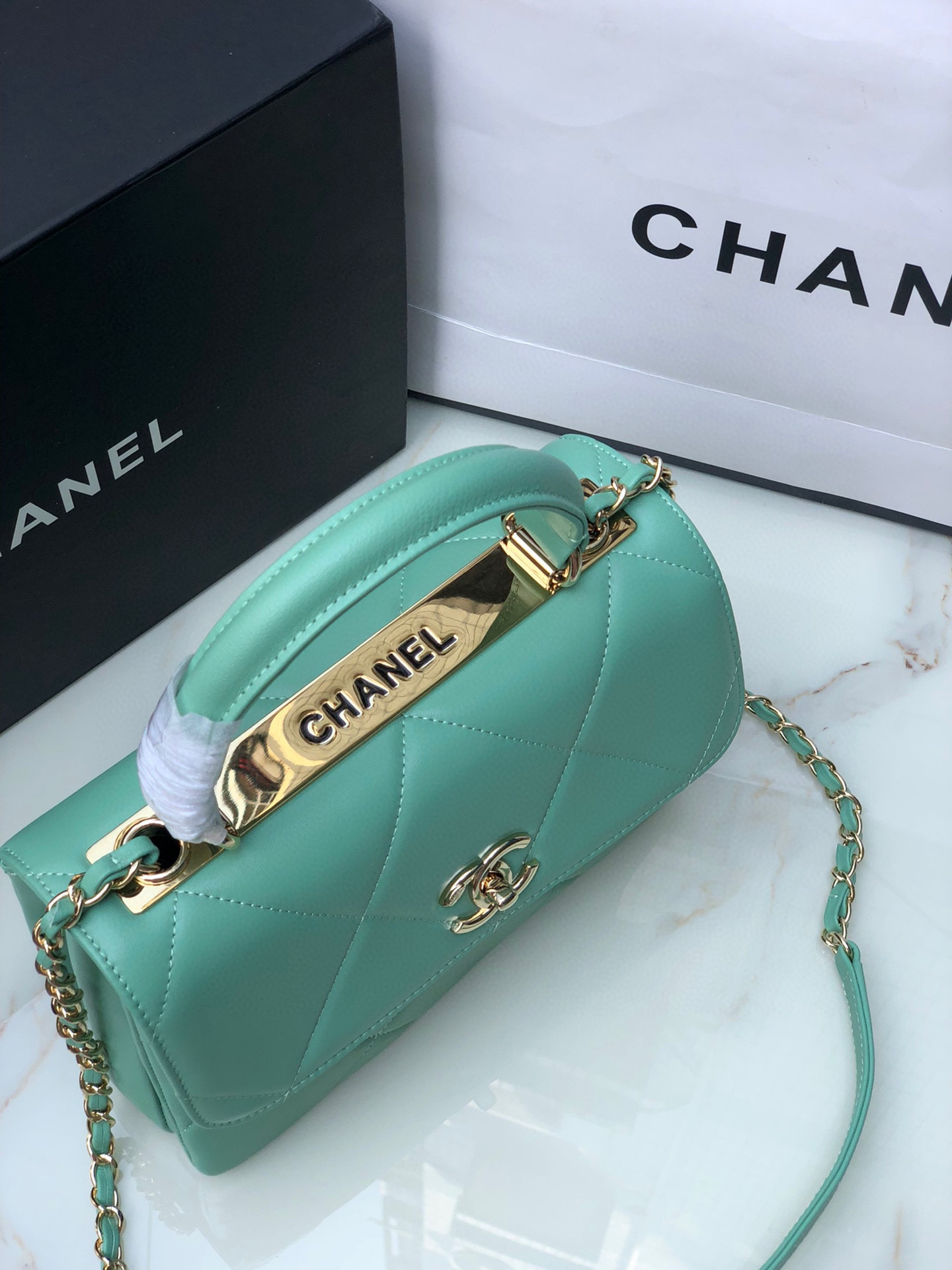 Ch*el flap bag with top handle blue 6.6 × 9.8 × 4.7 in