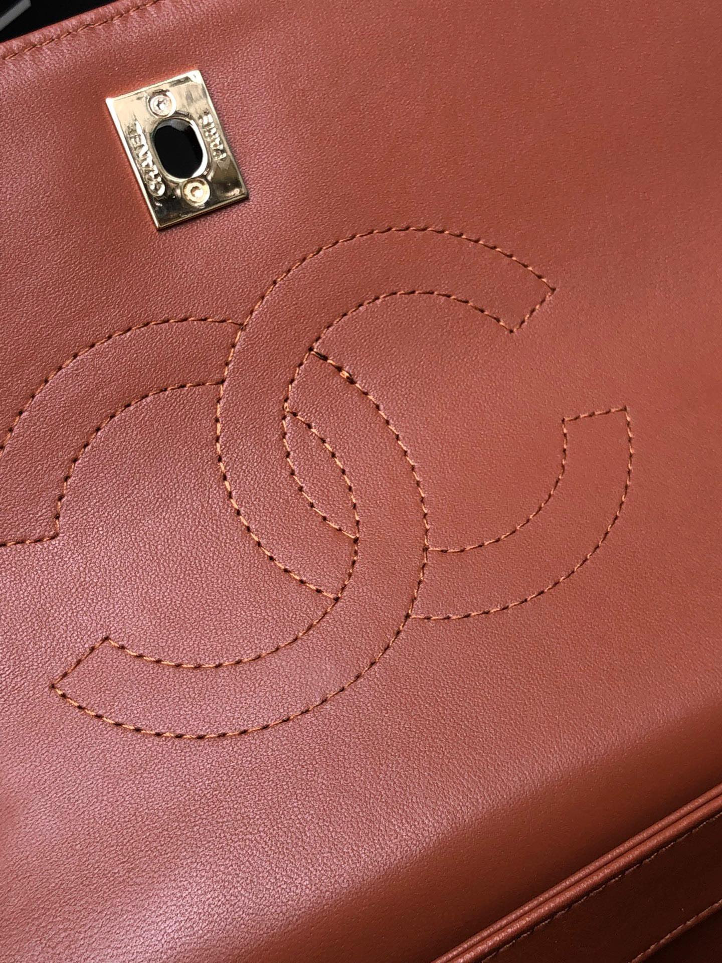 Ch*el flap bag with top handle orange 6.6 × 9.8 × 4.7 in