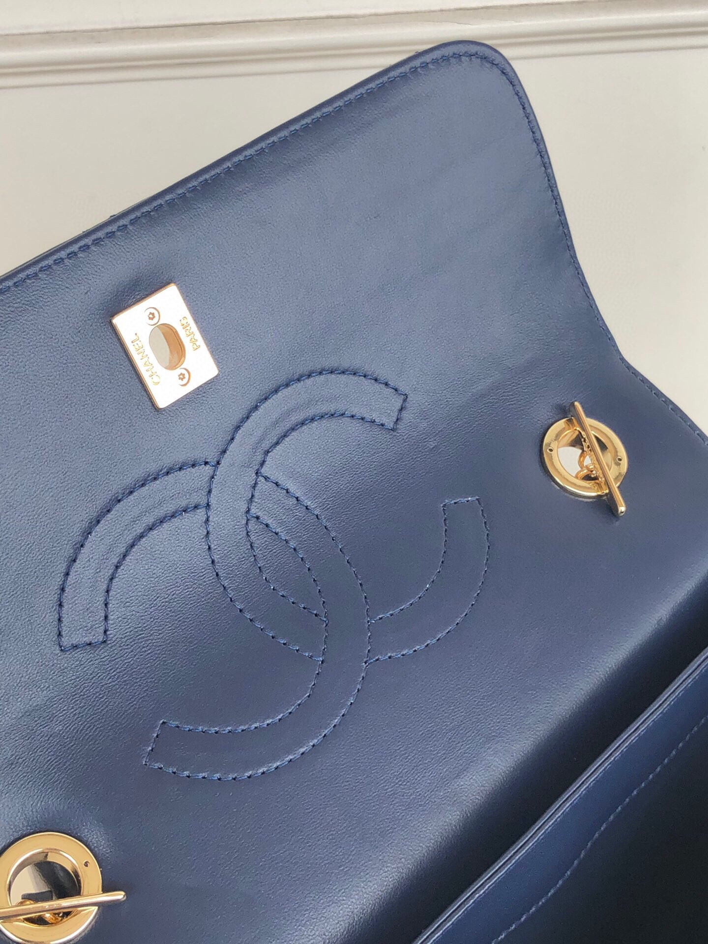 Ch*el flap bag with top handle 6.6 × 9.8 × 4.7 in