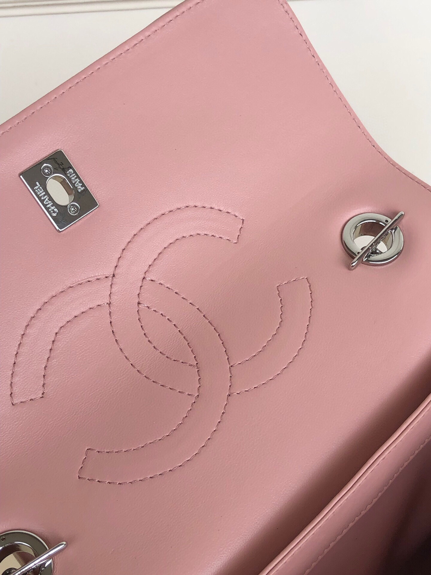 Ch*el flap bag with top handle 6.6 × 9.8 × 4.7 in