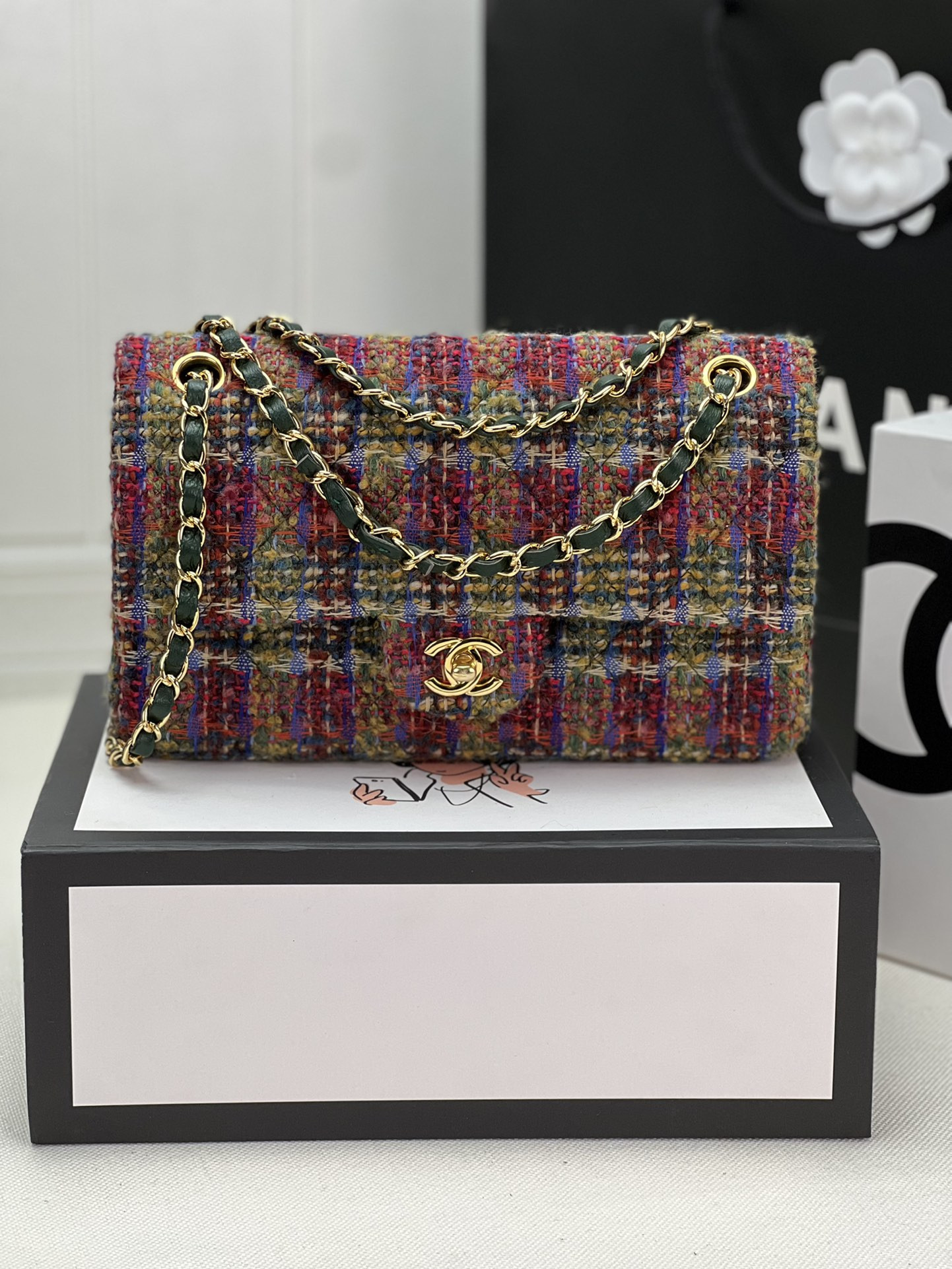 Ch*el classic 11.12 handbag tweed & gold-tone metal 6 × 9.9 × 2.5 in