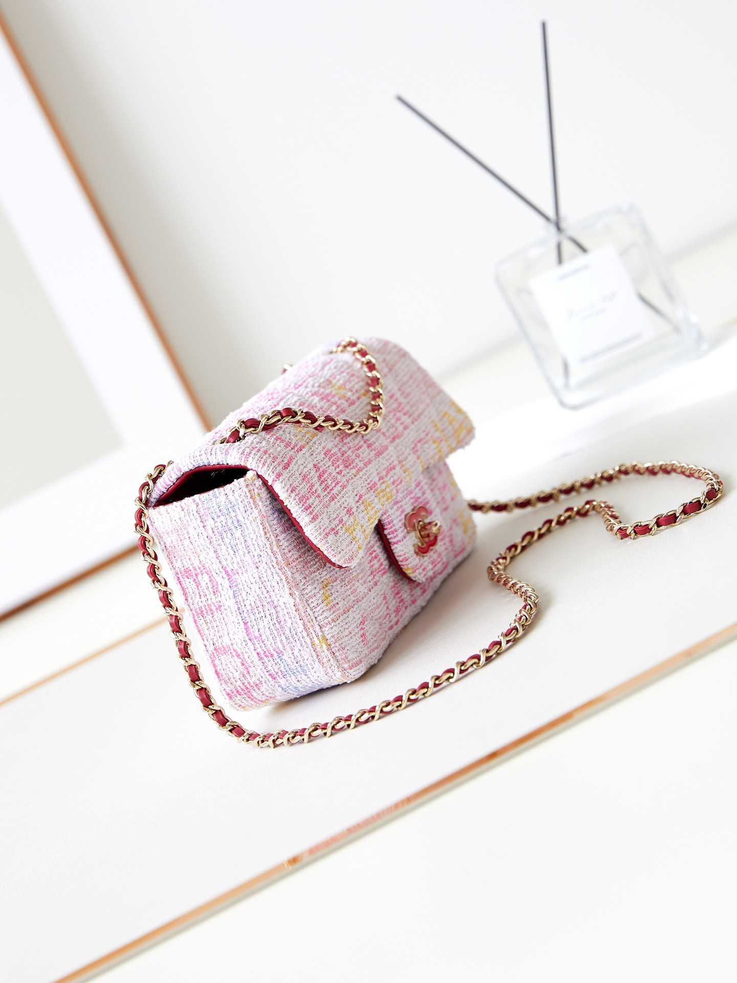 Ch*el quilted pink multicolor tweed mini rectangular flap bag 20×10×7cm