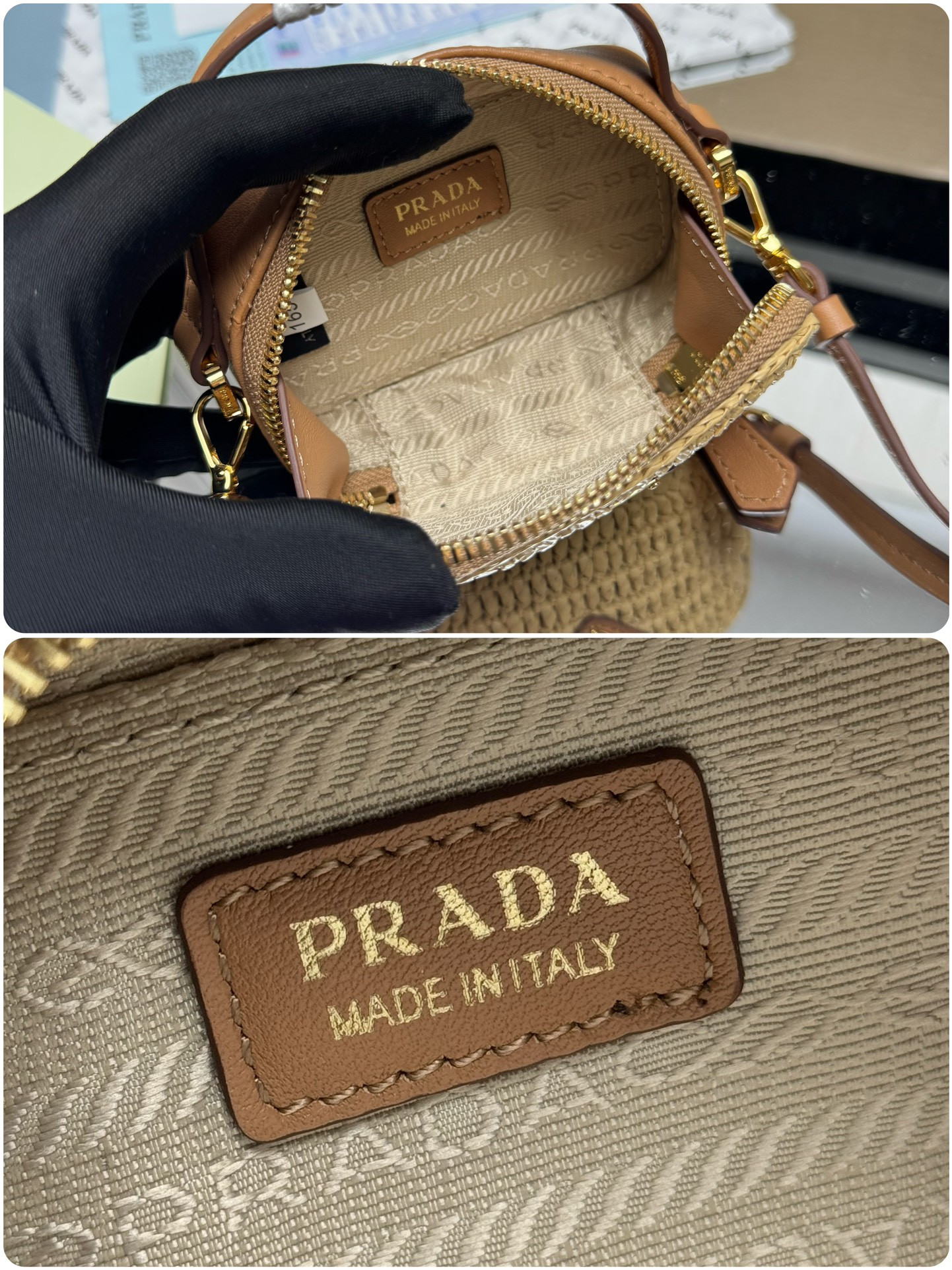 Pra*a crochet and leather mini-pouch 6.5x11x2.5cm