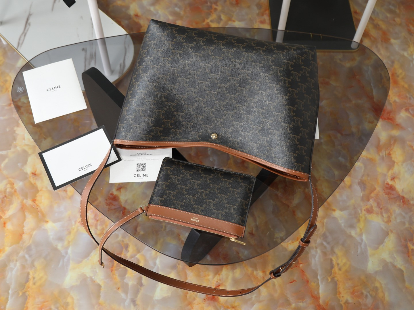 Ce**e soft shopper bag in triomphe canvas and calfskin 32.5x24.5x14cm